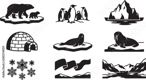 Set of nine black and white arctic featuring a polar bear with cub, penguins, iceberg, igloo, seal, walrus, snowflakes, aurora borealis, and a snowy mountain landscape scenery