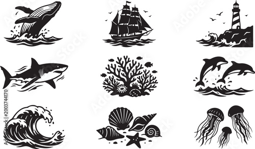 Set of nine black and white nautical featuring a breaching whale, sailing ship, lighthouse, shark, coral reef, jumping dolphins, ocean wave, seashells, and jellyfish silhouettes