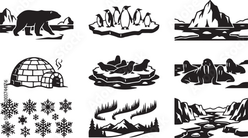 Set of nine black and white arctic featuring a polar bear, penguins on an ice floe, a large iceberg, an igloo, seals, walruses, snowflakes, northern lights, and a glacial mountain landscape