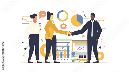 Business professionals shake hands over data charts and analytics.
