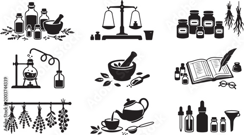 Set of black and white apothecary featuring mortar and pestle, vintage scales, medicinal herbs, glass vials, distillation equipment, open book with quill, and tea brewing tools