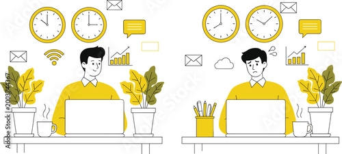 Remote Work Vector Set with People at Desks Using Laptops, Office Plants, Clocks, Emails, Charts, Productivity, Time Management, Digital Workspace, and Business Workflow Illustrations