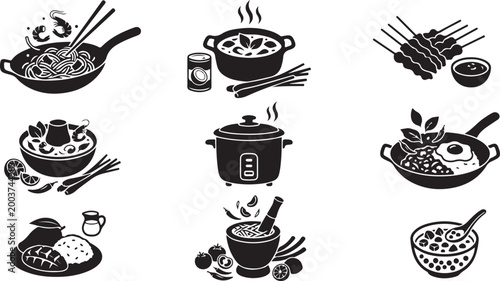 Set of black and white featuring thai cuisine, including stir-fry noodles with shrimp, tom yum soup, chicken satay skewers, rice cooker, mango sticky rice, and mortar and pestle