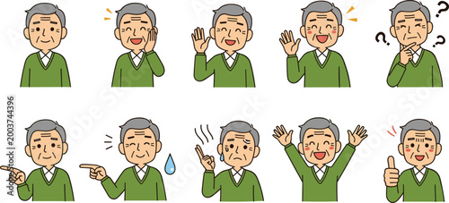 Elderly Man Expression Vector Set with Ten Facial Emotions and Gestures, Cartoon Senior Character Illustrations Showing Happiness, Confusion, Surprise, Pointing, and Thumbs Up for Digital Design