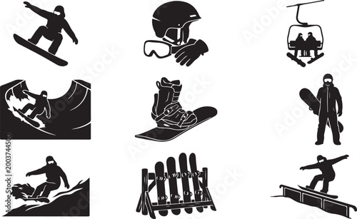 Set of black and white snowboarding featuring riders performing tricks, a chairlift, snowboard equipment, boots, bindings, a helmet with goggles, and a wooden rack holding snowboards