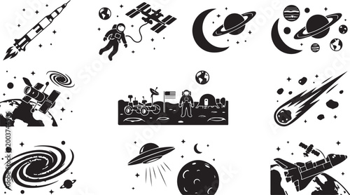 Set of black and white space featuring a rocket, astronaut, space station, planets, moon landing, lunar rover, comet, galaxy, ufo, and space shuttle against a starry background