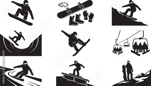 Set of black and white snowboarding featuring silhouettes of snowboarders performing tricks, jumping, riding a halfpipe, using a rail, and sitting on a ski lift chair with winter gear