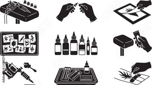 Set of black and white tattoo studio featuring tattoo machines, ink bottles, stencil application, gloved hands, medical trays, and various tattoo on paper sheets
