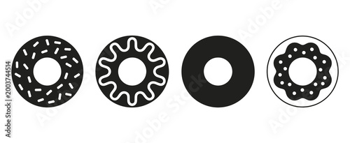 doughnut icon vector set including whole and bitten donuts, dessert snack illustrations, simple flat and outline designs