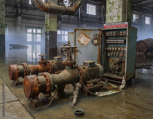 Old rusty valve on deteriorated industrial pipeline, aging infrastructure, metal corrosion and system decay concept
