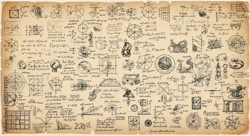 Foto Vintage da Vinci style sketches on aged parchment, antique scientific diagrams a
