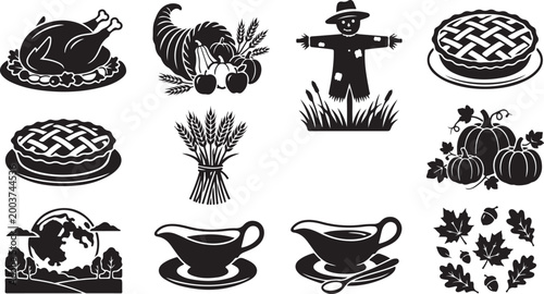 Set of black and white thanksgiving featuring roasted turkey, cornucopia, scarecrow, lattice crust pies, wheat sheaf, pumpkins, gravy boats, autumn leaves, acorns, and a harvest landscape