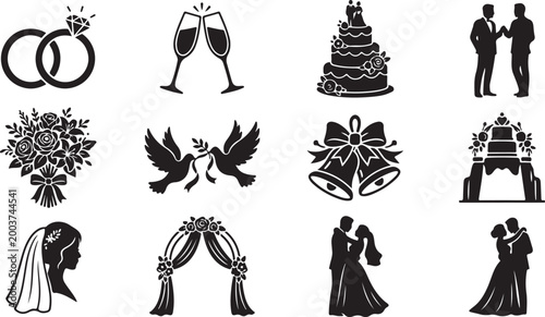 Set of black and white wedding featuring engagement rings, champagne flutes, tiered cakes, floral bouquets, doves, bells, arches, and silhouettes of brides and grooms in various poses