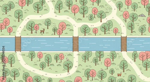 Hand drawn forest map with river and bridges, cute woodland landscape vector illustration, pastel park scenery with winding paths and trees