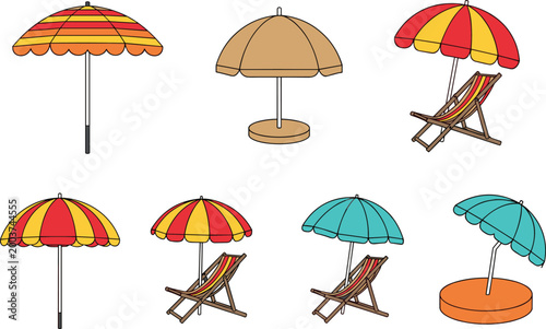 Beach Umbrella and Deck Chair Vector Set with Colorful Summer Designs, Seaside Vacation Concepts, Outdoor Leisure, Sunshade Decorations, Tropical Resort Illustration for Digital Media