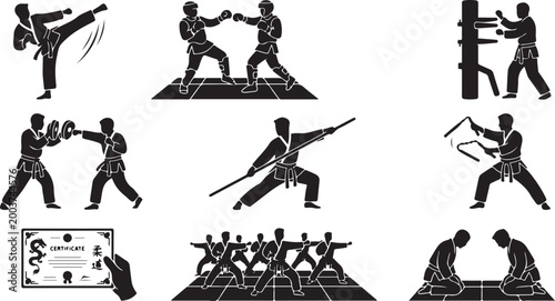 Set of black silhouette depicting martial arts practitioners performing various combat techniques, training with wooden dummies, sparring, using and bowing in a traditional dojo setting