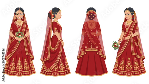 Collection of four views of an indian bride wearing a beautiful traditional red lehenga.