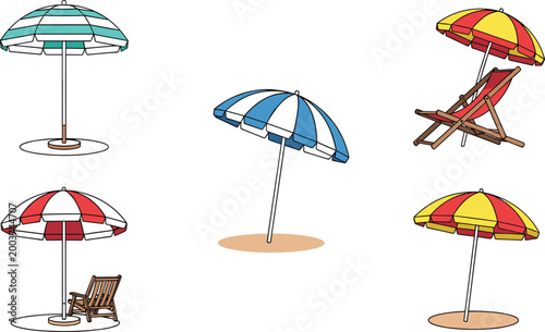 Beach Umbrella Vector Set with Colorful Summer Designs, Deck Chairs, Seaside Relaxation, Vacation Illustration, Outdoor Leisure, Sunshade Icons, and Minimalist Coastal Decor for Digital Design