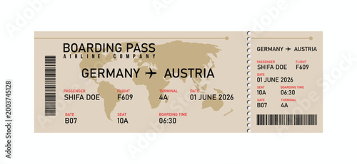 Brown paper boarding pass for travel from germany to austria travel document flight ticket