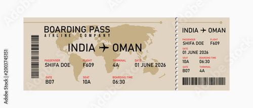 Obraz na płótnie India to oman boarding pass with flight details flight ticket india oman travel