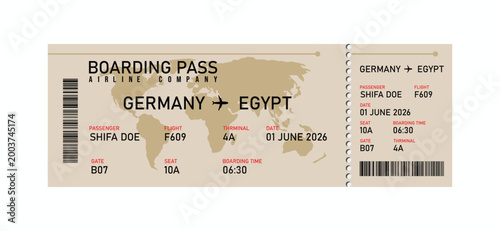 Travel boarding pass ticket from germany to egypt with flight details and barcode flight ticket