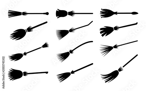 A collection of 12 minimalist flying broomsticks in black silhouette on white background various shapes and sizes for design and decoration