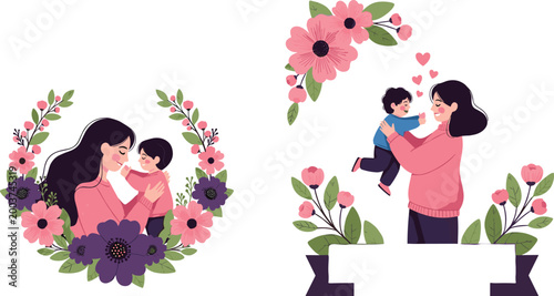 Mother and Child Vector Illustration Set with Loving Family Bond, Maternal Care, Cute Floral Frame Designs, Warm Affection, Parenting, Parenting Concepts, and Decorative Elements for Digital Media