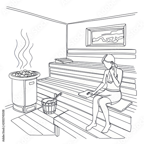 Woman relaxing in a traditional wood-paneled sauna, steam rising from hot stones.