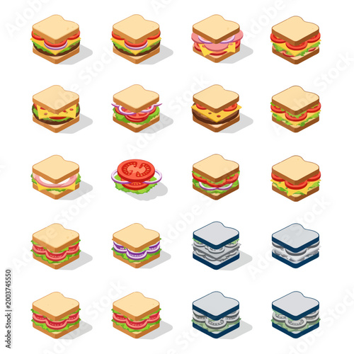 Collection of Isometric Sandwiches, Various Ingredients, Vector Illustration