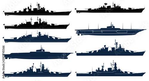 Bild auf Leinwand Collection of Naval Warship Silhouettes: Aircraft Carrier, Battleship, Cruiser