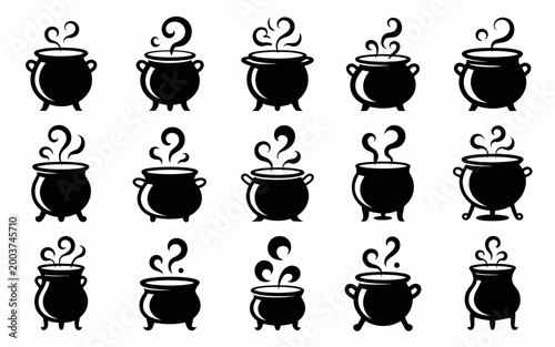 A collection of 12 distinct black magic cauldrons with steam arranged in three rows on a white background conveying mysticism and fantasy