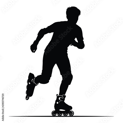 Dynamic silhouette of a young person actively skating on inline rollerblades wearing protective gear during an outdoor sports activity represented in a stylized black and white graphic