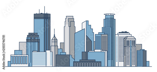Minneapolis skyline vector cityscape illustration in modern flat line art style showing downtown urban architecture and tall business buildings isolated on white background.

Keywords (49 Kata):