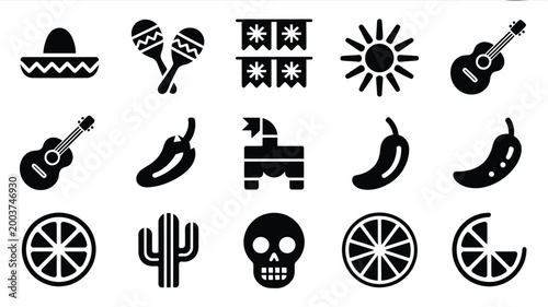 Vibrant collection of mexican cultural icons and symbols including sombrero maracas guitar chili peppers pinata cactus skull sun and citrus slices perfect for festive celebrations