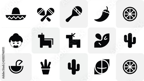 Collection of mexican cultural icons and symbols in a clean modern vector art style featuring sombrero maracas chili pepper lime and cactus for festive celebrations and travel