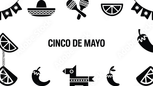 Cinco de mayo celebration vector icons and symbols featuring sombrero maracas pinata chili peppers and citrus slices arranged around festive bunting flags on a clean white