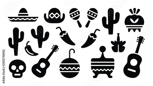 Collection of mexican cultural icons and symbols including sombreros maracas chili peppers cacti guitars and skulls presented as clean black vector illustrations on a white