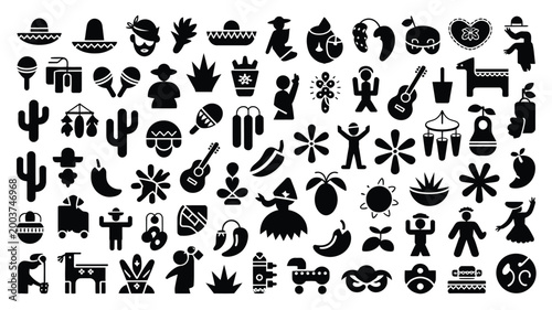 Vibrant collection of mexican culture and celebration icons sombreros maracas cacti guitars and festive elements for diverse design projects cinco de mayo and fiesta themes