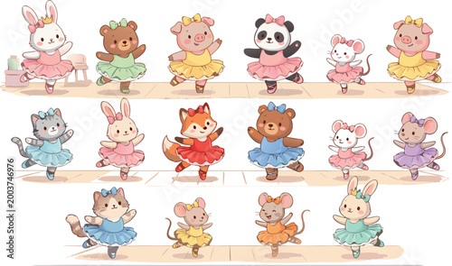 Adorable Collection of Cute Animal Ballerina Characters Dancing in Tutus Featuring Bears Rabbits Cats and Panda Bears