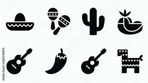 Collection of mexican cultural icons including a sombrero maracas cactus guitar chili pepper and piata rendered in a clean minimalist flat design style with solid black