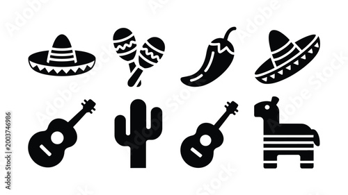 Set of minimalist black icons representing traditional mexican cultural symbols including sombreros maracas chili peppers guitars cacti and piatas isolated on a clean white