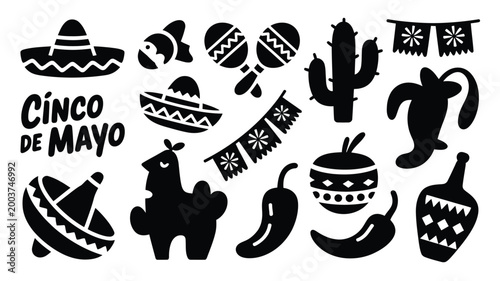 Vibrant collection of handcrafted style cinco de mayo icons and symbols featuring sombreros maracas cacti chili peppers and festive bunting for celebratory designs and mexican