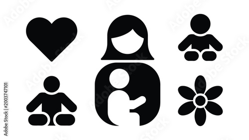 Vector icons set mother holding baby child silhouette heart symbol and flower icon representing family love care nurturing and childhood development with clean minimalist design