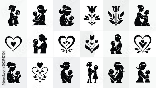 Collection of diverse black and white vector silhouette icons and emblems celebrating motherhood family bonds and love featuring mothers holding babies stylized hearts and floral