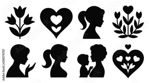 Collection of decorative feminine silhouettes featuring mother and child floral motifs and heart shapes symbolizing love family and nurturing relationships in a clean modern