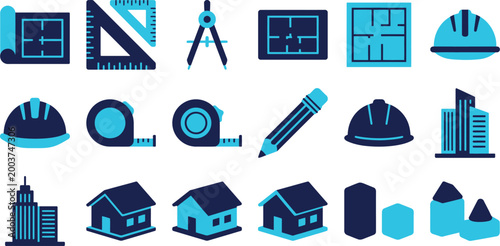 Set of blue architecture and construction icons featuring essential design tools and various building development project structures