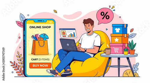 Modern E-commerce Man shopping online using laptop and smartphone at home
