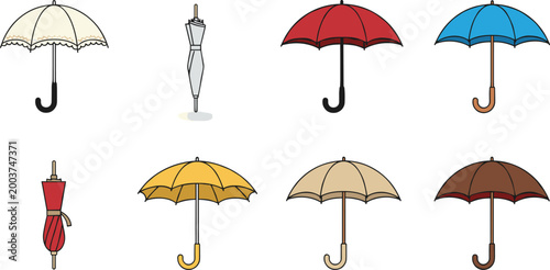 Set of various colorful umbrellas in open and closed positions isolated on white background.