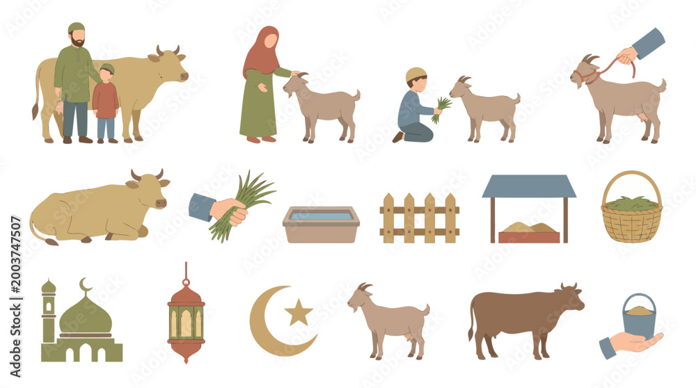 Fototapeta premium Islamic Eid al-Adha farm animals, mosque, and holiday symbols flat vector icons