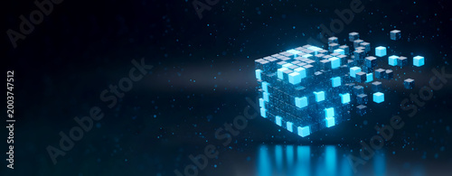 Glowing blue digital cube disintegrating into smaller blocks representing blockchain technology and data fragmentation